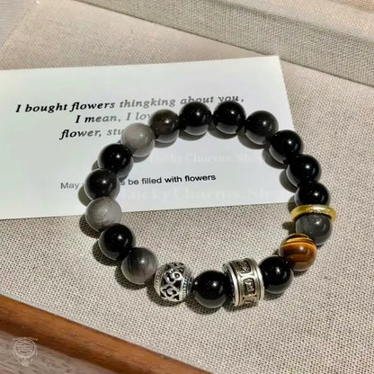 Obsidian & Tiger's Eye Artisan Bracelet - Multi-Stone Mantra Strand