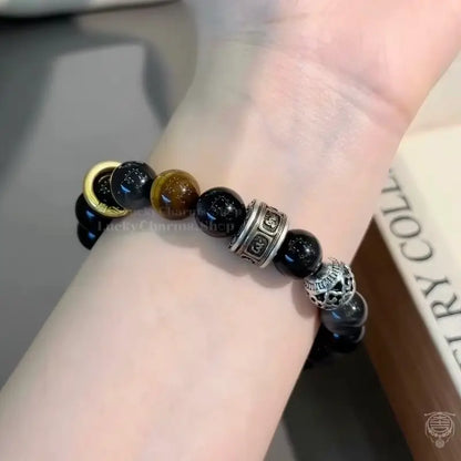 Obsidian & Tiger's Eye Artisan Bracelet - Multi-Stone Mantra Strand