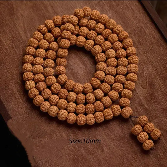 A bold 10mm large size variant of the polished Rudraksha Bodhi seed 108 mala beads, showcasing a substantial, textured look for traditional chanting.
