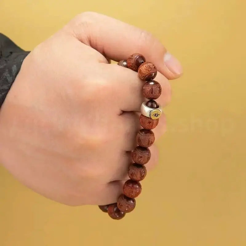 Red Sandalwood Carved Six-Syllable Mantra Men's Enpowered Bracelet-LuckyCharms.Shop