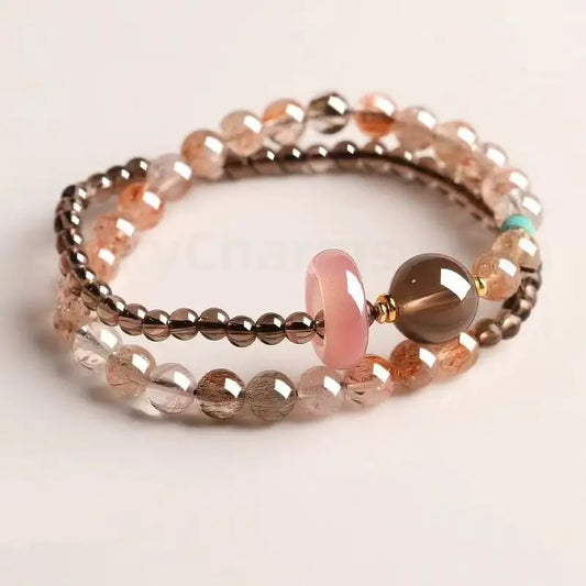 Natural smoky quartz and rutilated crystal double-strand peace protection bracelet with a pink rose quartz donut charm