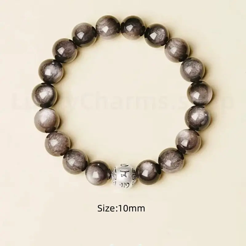 Natural Silver Obsidian Six-Syllable Mantra Silver Bead Lucky Men's Bracelet-LuckyCharms.Shop