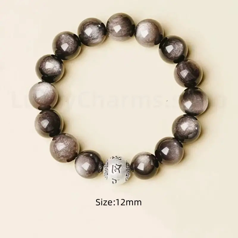 Natural Silver Obsidian Six-Syllable Mantra Silver Bead Lucky Men's Bracelet-LuckyCharms.Shop