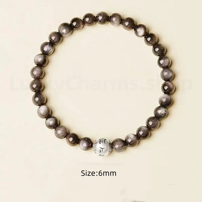 Natural Silver Obsidian Six-Syllable Mantra Silver Bead Lucky Men's Bracelet-LuckyCharms.Shop