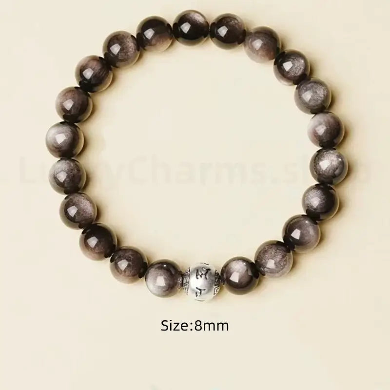 Natural Silver Obsidian Six-Syllable Mantra Silver Bead Lucky Men's Bracelet-LuckyCharms.Shop