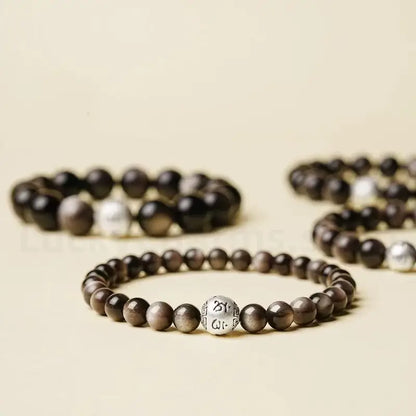 Natural Silver Obsidian Six-Syllable Mantra Silver Bead Lucky Men's Bracelet-LuckyCharms.Shop