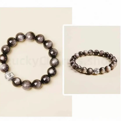 Natural Silver Obsidian Six-Syllable Mantra Silver Bead Lucky Men's Bracelet-LuckyCharms.Shop