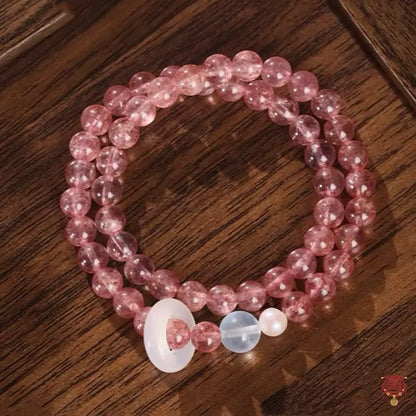 Natural Strawberry Quartz & White Agate Runner Ring Double-Wrap Bracelet
