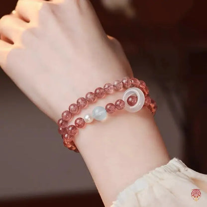 Natural Strawberry Quartz & White Agate Runner Ring Double-Wrap Bracelet