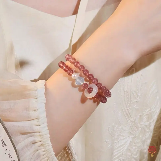 Natural Strawberry Quartz & White Agate Runner Ring Double-Wrap Bracelet