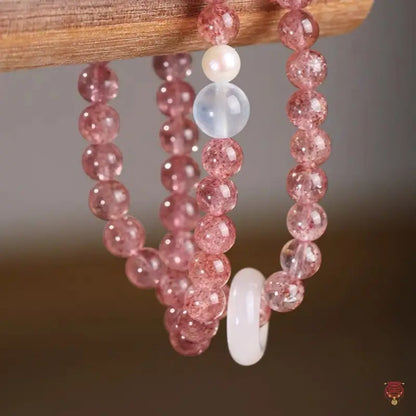Natural Strawberry Quartz & White Agate Runner Ring Double-Wrap Bracelet