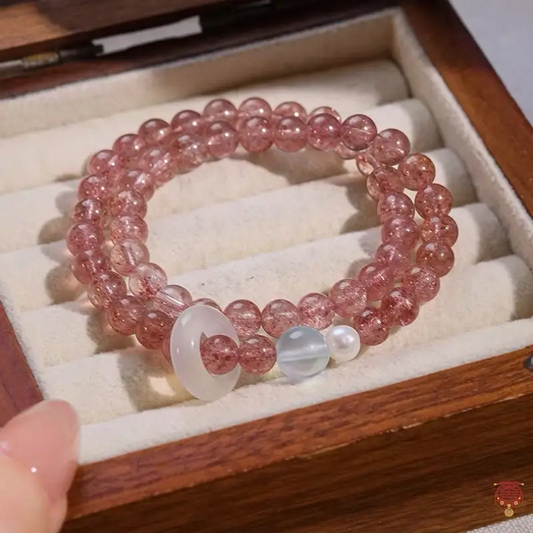 Natural Strawberry Quartz & White Agate Runner Ring Double-Wrap Bracelet