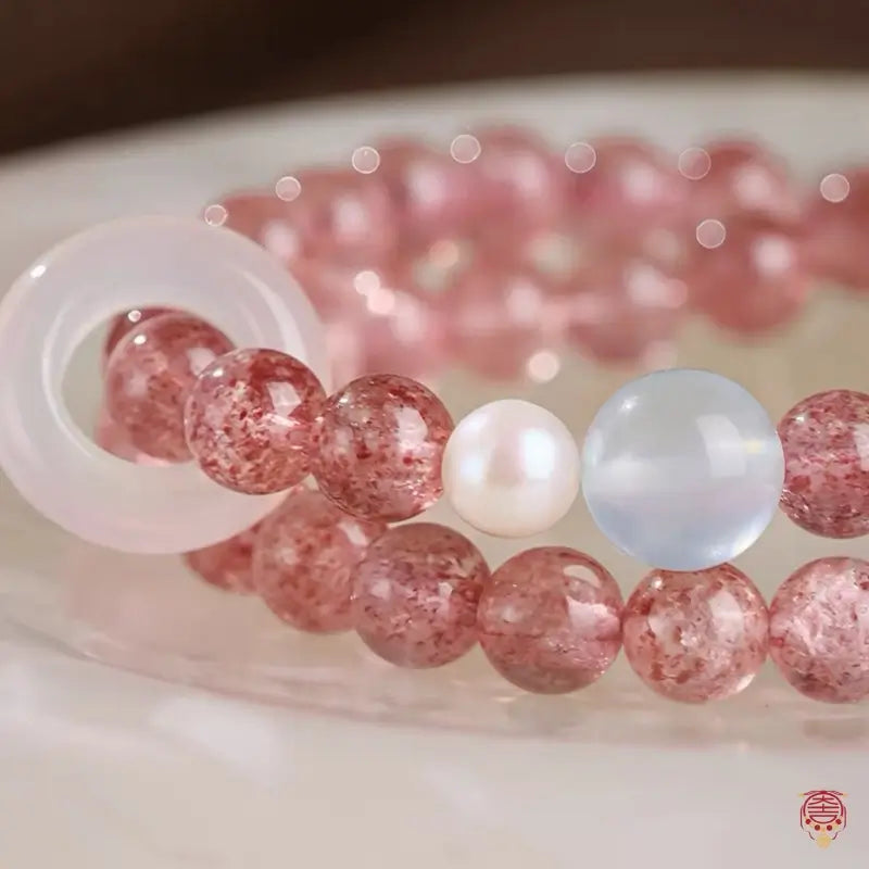 Natural Strawberry Quartz & White Agate Runner Ring Double-Wrap Bracelet