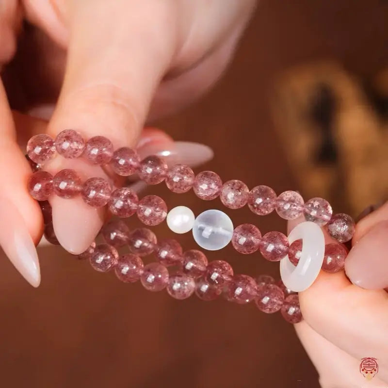 Natural Strawberry Quartz & White Agate Runner Ring Double-Wrap Bracelet