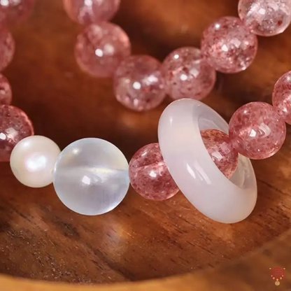 Natural Strawberry Quartz & White Agate Runner Ring Double-Wrap Bracelet