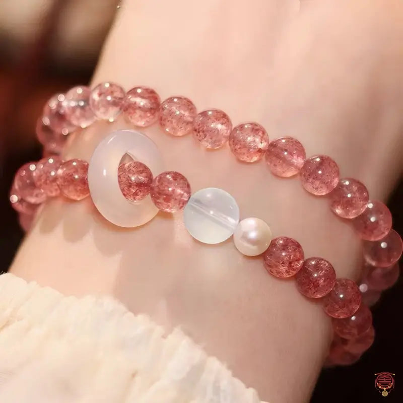Natural Strawberry Quartz & White Agate Runner Ring Double-Wrap Bracelet
