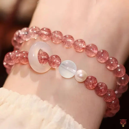 Natural Strawberry Quartz & White Agate Runner Ring Double-Wrap Bracelet