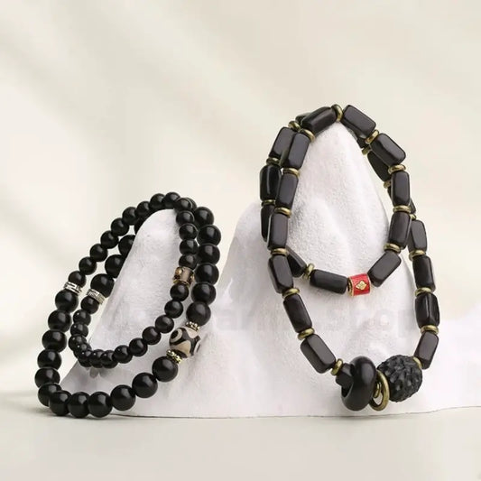 Potala Palace Enpowered Ebony Wood Three-Eyed Dzi Bead Prayer Bracelet-LuckyCharms.Shop