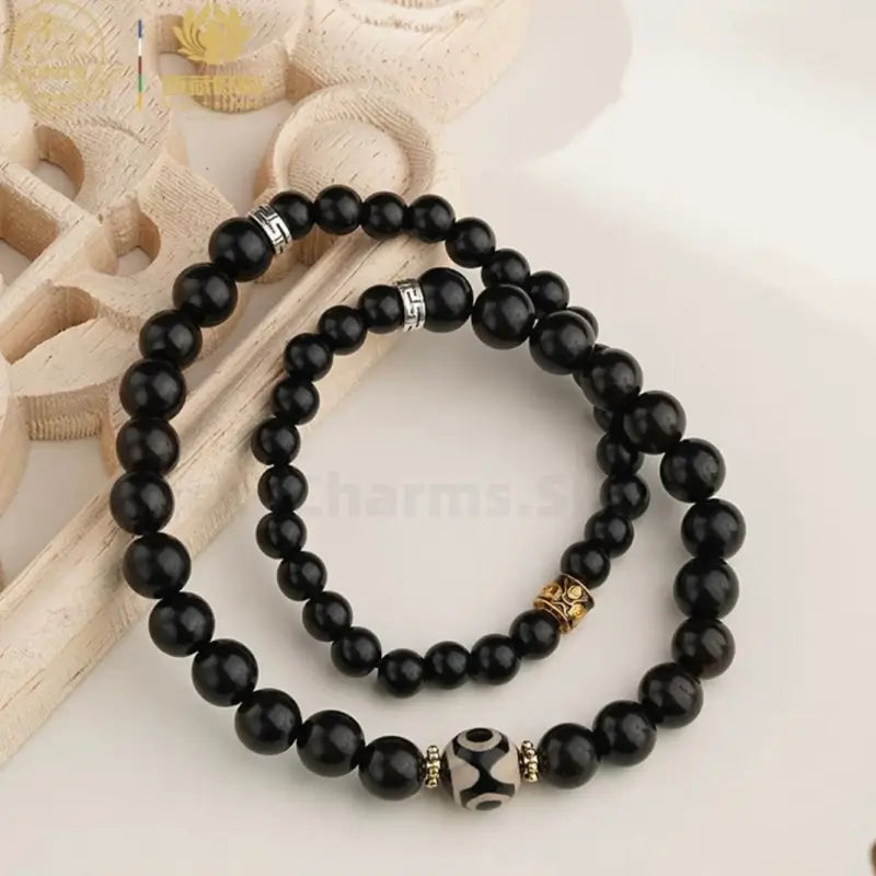 Potala Palace Enpowered Ebony Wood Three-Eyed Dzi Bead Prayer Bracelet-LuckyCharms.Shop