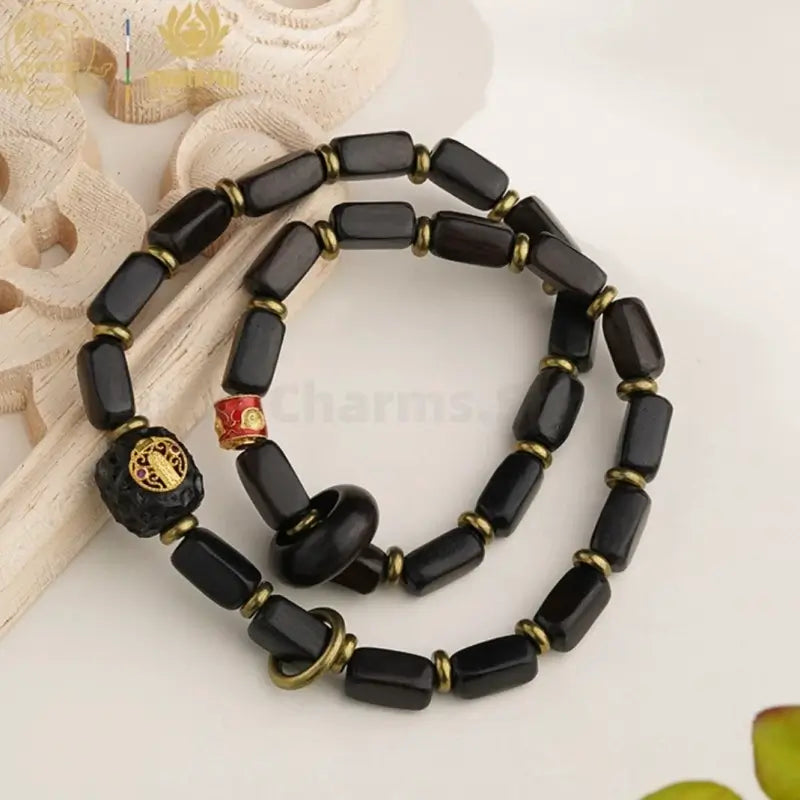 Potala Palace Enpowered Ebony Wood Three-Eyed Dzi Bead Prayer Bracelet-LuckyCharms.Shop