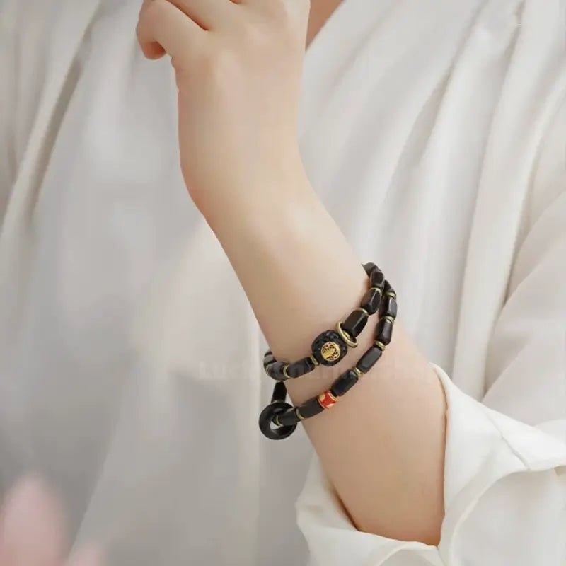 Potala Palace Enpowered Ebony Wood Three-Eyed Dzi Bead Prayer Bracelet-LuckyCharms.Shop