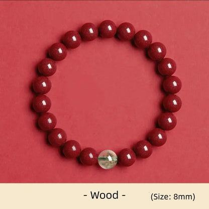 Bracelet à une boucle en cinabre naturel, orné d'une perle porte-bonheur et symbolisant les cinq éléments | Cinabre de haute pureté, pour la protection et la bénédiction