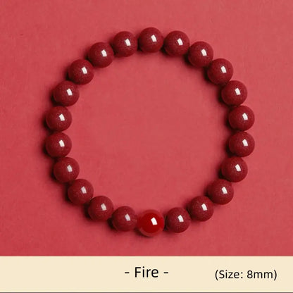 Bracelet à une boucle en cinabre naturel, orné d'une perle porte-bonheur et symbolisant les cinq éléments | Cinabre de haute pureté, pour la protection et la bénédiction