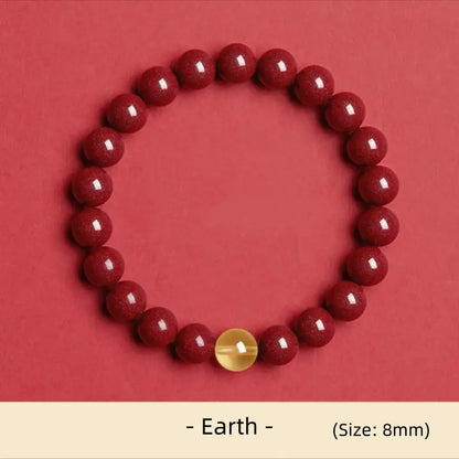 Bracelet à une boucle en cinabre naturel, orné d'une perle porte-bonheur et symbolisant les cinq éléments | Cinabre de haute pureté, pour la protection et la bénédiction