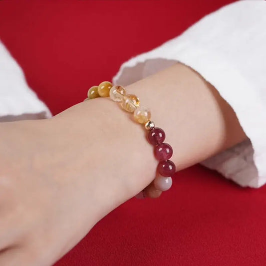 霊隠寺の祝福を受けた天然多石水晶五行バランスブレスレット｜14Kゴールドメッキスペーサー、エネルギーの調和のための五行の組み合わせ