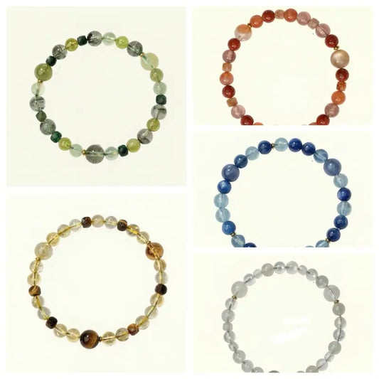 五行天然宝水晶ブレスレット｜8mmヒーリングチャクラビーズ、18Kゴールドアクセント、エネルギーバランス風水ジュエリー