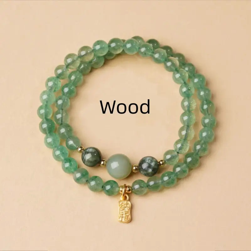 五行天然水晶ブレスレット｜ダブルラップ、18Kゴールド祝福タグ、五行バランス、ヒーリングエネルギータリスマン