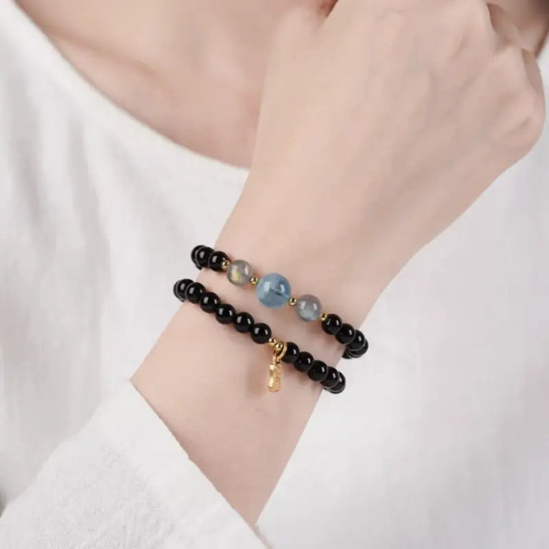 五行天然水晶ブレスレット｜ダブルラップ、18Kゴールド祝福タグ、五行バランス、ヒーリングエネルギータリスマン