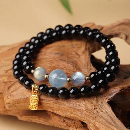 五行天然水晶ブレスレット｜ダブルラップ、18Kゴールド祝福タグ、五行バランス、ヒーリングエネルギータリスマン