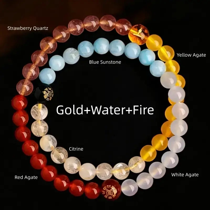 Gold water fire elements 8mm double-strand bracelet with strawberry quartz, citrine, blue sunstone, and red agate.