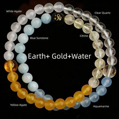 Earth gold water elements 8mm double-strand bracelet with white agate, aquamarine, blue sunstone, and citrine