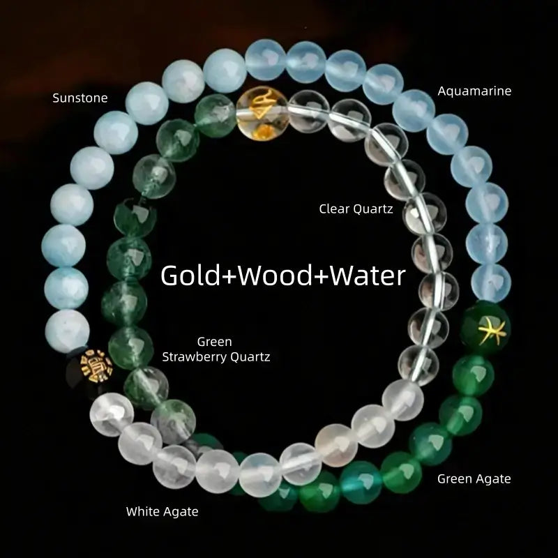 Gold wood water elements 8mm double-strand bracelet with sunstone, aquamarine, green agate, and clear quartz.