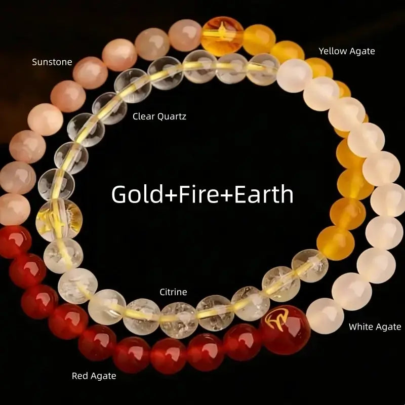 Gold fire earth elements 8mm double-strand bracelet with sunstone, yellow agate, white agate, and citrine.