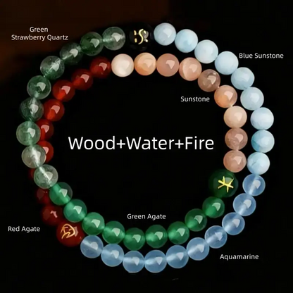 Wood water fire elements 8mm double-strand bracelet with green strawberry quartz, blue sunstone, and red agate