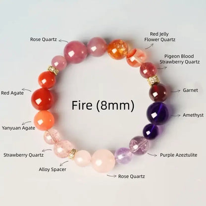 8mm fire element bracelet map with rose quartz, red jelly flower, pigeon blood strawberry quartz, and amethyst.