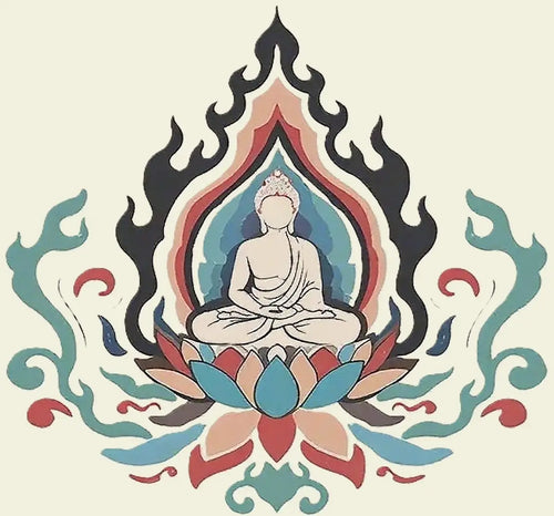 Decorative design of a meditating Buddha figure surrounded by colorful flames and lotus flowers on a beige background.