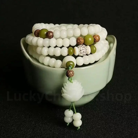The 108 Awakening Mala - Organic White Jade Bodhi Root & Hand-Carved Lotus Strand