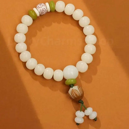 Bracelet multi-pendentifs Bodhi en jade blanc naturel béni du temple Lingyin | Charme zen, porte-bonheur