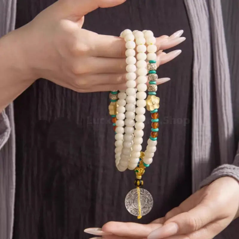 Wutai Mountain 108 White Jade Star Moon Bodhi Bracelet with White Crystal Pendant-LuckyCharms.Shop