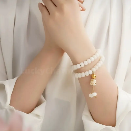 Potala Palace Enpowered 925 Silver Gold-plated Six-Syllable Mantra Luck-Transforming Bead Bracelet | Natural White Jade Bodhi Mala-LuckyCharms.Shop