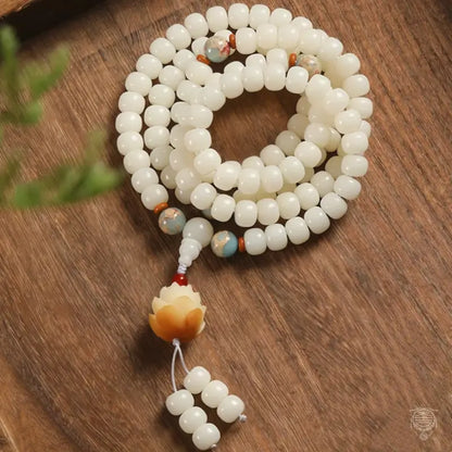 Sacred Lotus White Bodhi Seed 108 Mala - Shoushan Stone Accent