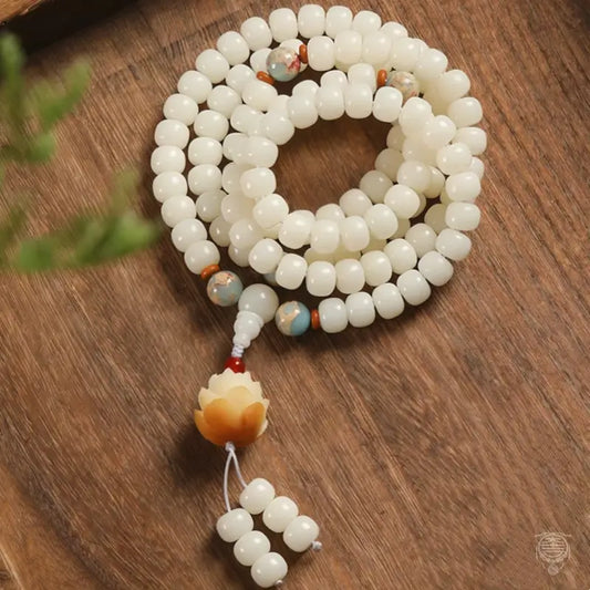 Mala 108 graines de Bodhi blanches (Lotus Sacré) - Accent pierre de Shoushan