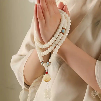Sacred Lotus White Bodhi Seed 108 Mala - Shoushan Stone Accent