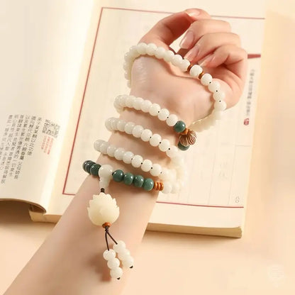 Sacred Lotus White Bodhi Seed 108 Mala - Shoushan Stone Accent