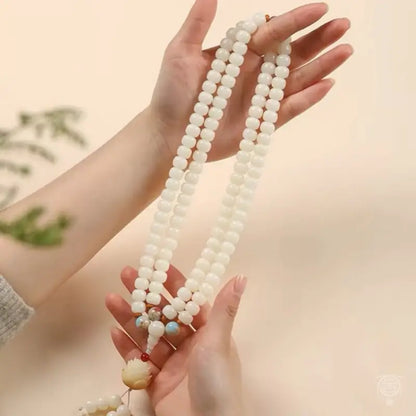 Sacred Lotus White Bodhi Seed 108 Mala - Shoushan Stone Accent