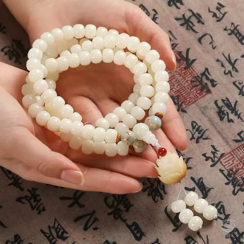 Sacred Lotus White Bodhi Seed 108 Mala - Shoushan Stone Accent